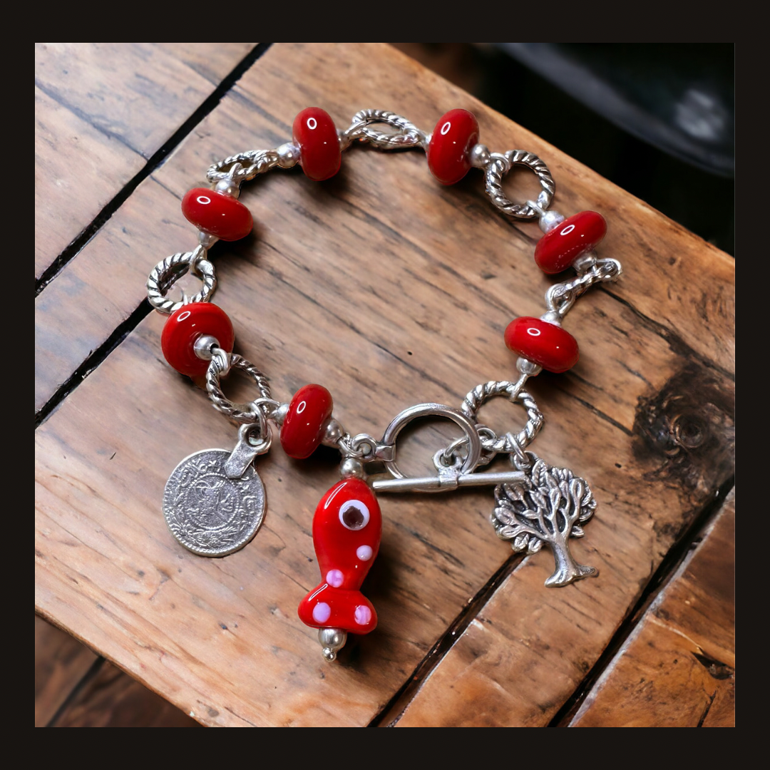 Rotes Glas Fisch Stammbaum 925 Sterling versilbert Murano Stilvolles Armband.